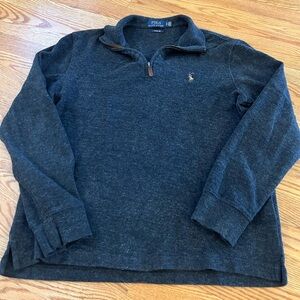 Ralph Lauren men’s quarter zip polo, size small, charcoal, gray with brown zip.